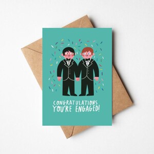 Carte de fiançailles LGBTQI - Félicitations, vous êtes fiancées ! 5 x 7 pouces avec enveloppe - Adorable mariage Mr & Mr pour couple gay blanc