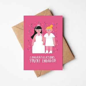 LGBTQI 婚約カード - 婚約おめでとうございます！5x7インチ、封筒付き - 白人レズビアンカップルのためのキュートなミセス＆ミセスウェディング