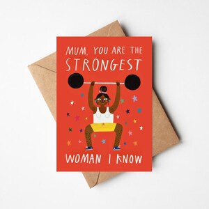 Maman, tu es la femme la plus forte que je connaisse 5 x 7" anniversaire / carte de fête des mères avec enveloppe kraft - voeux amusants et colorés pour maman noire