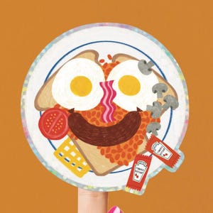 Sticker vinyle brillant Happy Breakfast - frites anglaises cadeau pour gourmets - art brunch - fait main - auto-adhésif coloré résistant à l'eau