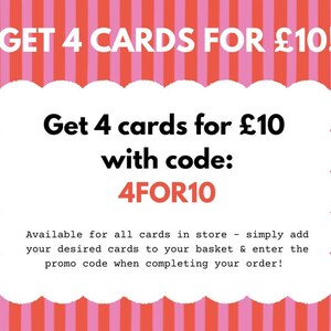 a pink and red striped background with the words get 4 cards for $ 10 with