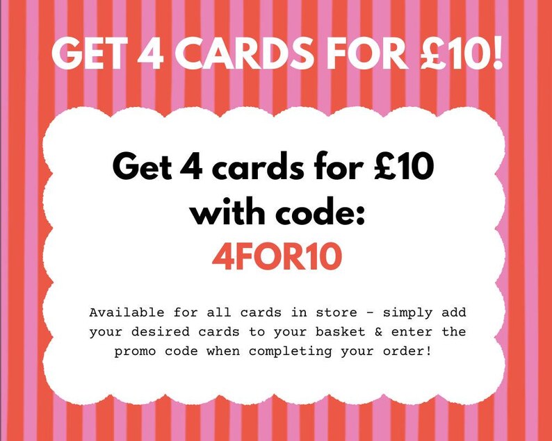 a pink and red striped background with the words get 4 cards for $ 10 with