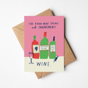 Carte de fiançailles drôle de vin 5 x 7" avec enveloppe - célébration illustrée mignonne, moderne, amusante pour la douche nuptiale ou la fête de fiançailles