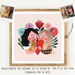 Gedruckt benutzerdefinierte Paare & Haustier Illustration - Familie Portrait - personalisierte Jahrestag Valentinstag Hochzeit Verlobung Geburtstag Weihnachtsgeschenk