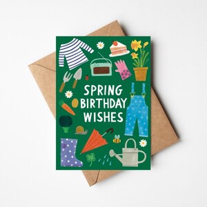 Süße Frühlings-Geburtstagskarte 13x18 cm mit Kraftpapier Umschlag – Süß & Hübsch illustriert als März, April, Mai Geburtstagsgeschenk – Garten Vibes