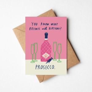 Carte d'anniversaire amusante pour amateur de Prosecco de 5 x 7 po. avec enveloppe kraft - carte de voeux illustrée moderne et amusante pour meilleure amie, soeur, nièce, mère, femme