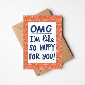 OMG, je suis tellement heureuse pour toi ! Carte de félicitations de 5 x 7 po. avec enveloppe kraft - Voeux de célébration de réussite illustrés de motifs audacieux