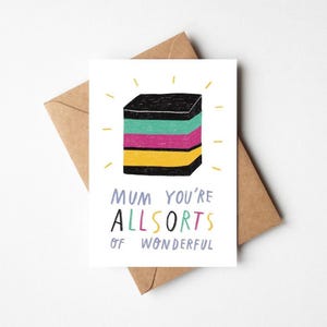 Maman, vous êtes toutes sortes de merveilleuses cartes de jeu de mots de 5 x 7 po. Liquorish Allsorts avec enveloppe kraft - Une douce salutation pour la fête des mères/un anniversaire