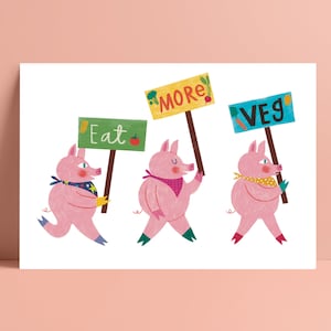 Divertida impresión de Los tres cerditos en tamaño A5/A4/A3 para amantes de las verduras. Bonita ilustración de arte de pared para la cocina. Regalo para vegetarianos y veganos. Coma más verduras.