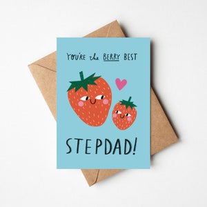 Meilleur beau-père de Berry ! Carte de fête des pères/anniversaire avec jeu de mots aux fraises 5 x 7" avec enveloppe Kraft - voeux de doux sentiment pour figure paternelle