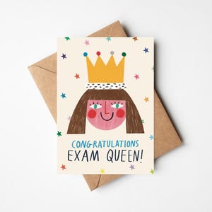 Exam Queen  5x7" Well Done Exam Card With Kraft Envelope - Cute School Graduation Congratulations Hand Drawn Illustration Greeting