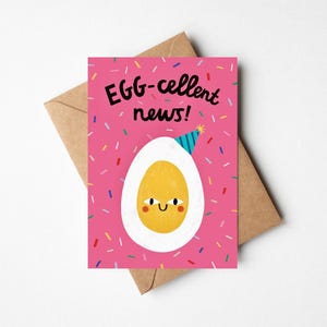素晴らしいニュース！5x7インチのお祝い卵型しゃれカード（クラフト封筒付き） - かわいいイラスト入り達成お祝いメッセージ - ハッピー・フォー・ユー