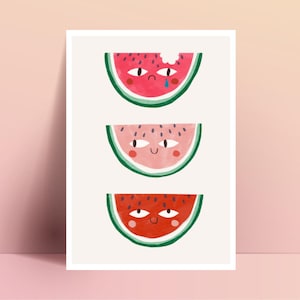 Impresión artística con bonitos personajes de sandía ilustrados en tamaño A5, A4 o A3: decoración de pared con temática de frutas dulces para la cocina o la habitación de los niños: obras de arte para niños