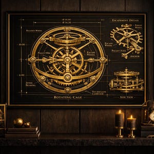 Może przedstawiać: Oprawiony, szczegółowy diagram mechanizmu zegarowego w kolorze złotym na czarnym tle. Diagram zawiera etykiety takie jak "Balance Wheel" i "Escape Wheel". Obraz jest częścią kolekcji dekoracji wnętrz.