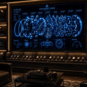 May include: A large digital display showing an exploded view of a watch movement with the text INVESTIRE SWISS MADE and CALIBER 9001. Below the screen, a glass display case holds multiple wristwatches arranged on a dark wooden shelf.