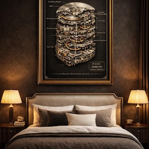 Pode incluir: Uma impressão emoldurada intitulada "Master Horologist Collection: Complete Movement Cross-Section" está pendurada acima de uma cama. A impressão apresenta um diagrama detalhado de um movimento de relógio com engrenagens douradas e prateadas. A cama tem um edredom e travesseiros marrons.