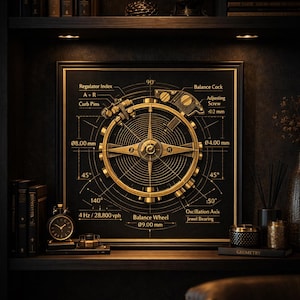 May include: A framed print depicting a detailed diagram of a watch mechanism in gold on a black background. The print includes labels such as "Balance Wheel" and "Oscillation Axis," with measurements in millimetres. The frame is black, displayed on a dark shelf.