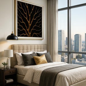 May include: A modern bedroom featuring a bed with a beige headboard, white and gray bedding, and decorative pillows. A large framed artwork with a gold tree design hangs above the bed. A cityscape is visible through the large window.