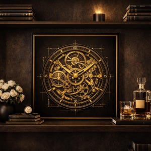 May include: A framed artwork featuring a detailed golden clock mechanism against a black background. The image is set on a dark wooden shelf with books, a vase of white roses, a candle, and a decanter with glasses.