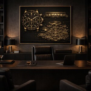 May include: A luxurious office setting with a large framed artwork featuring a gold-toned watch design. The room is furnished with a dark wood desk, leather chairs, and bookshelves, creating a sophisticated and elegant atmosphere.