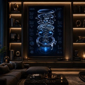 May include: A large rectangular wall art print featuring a detailed blue-toned exploded view diagram of a mechanical watch movement with various components labeled, displayed in a dark room with ambient lighting and shelves of decorative objects.
