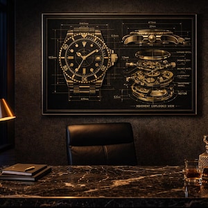 May include: A framed black and gold watch blueprint hangs above a desk. The blueprint details the watch's exterior and internal mechanisms. A gold desk lamp and a decanter with a glass of amber liquid sit on the marble desk.