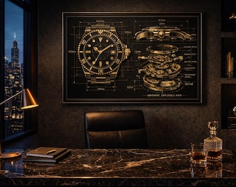 Mechanical Watch Blueprint Art | Gold Swiss-Style Technical Drawing Print (Digital Download)