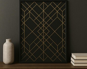 May include: A framed black and gold geometric art print. The artwork features a repeating pattern of gold lines on a black background. A beige vase and a stack of books sit on a dark wooden surface.