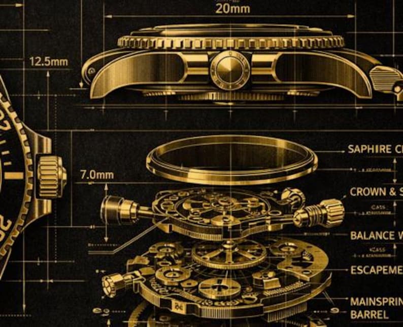 Graphics Watch Assingment Mechanical Watch Blueprint Art | Gold Swiss-style Technical Drawing ...