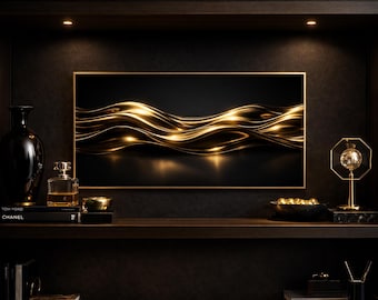 Konsttryck med guldfärgade kvicksilvervågor | Svart & guld modern inredning (digital nedladdning)