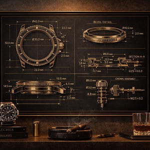 May include: A detailed watch blueprint with measurements in millimetres, displayed on a dark background. A finished watch, books, a globe, and a whiskey decanter with a glass are also present. The word "WATCHES" is visible on the book.