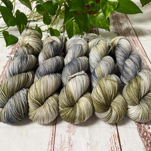 Yarn - A Walk in the Rain Hand Dyed Fingering Sock Yarn,  Merino Nylon, Hand/Indie Dyed for Knitting & Crochet, Green Gray, Ready to Ship