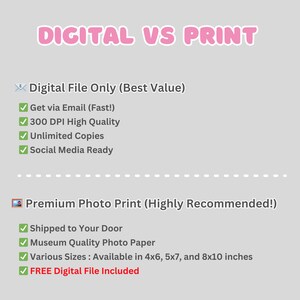 May include: A graphic comparing digital files and photo prints. The text "DIGITAL VS PRINT" is in pink. Digital files are described as "Best Value" and include email delivery, high quality, unlimited copies, and social media readiness. Photo prints are "Highly Recommended" with door delivery, museum quality paper, and various sizes.