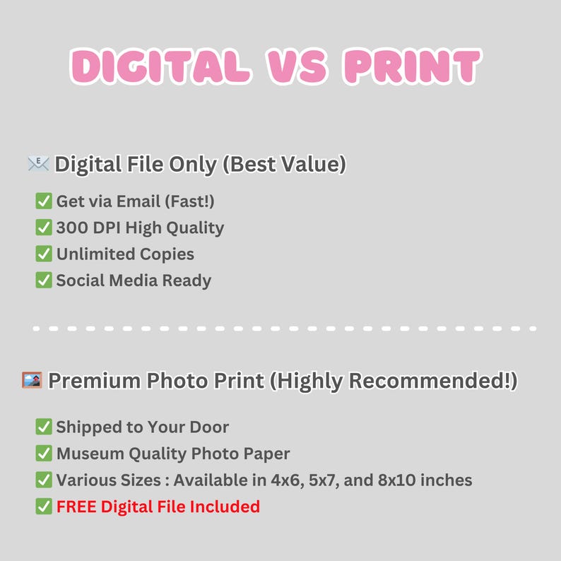 May include: A graphic comparing digital files and photo prints. The text "DIGITAL VS PRINT" is in pink. Digital files are described as "Best Value" and include email delivery, high quality, unlimited copies, and social media readiness. Photo prints are "Highly Recommended" with door delivery, museum quality paper, and various sizes.
