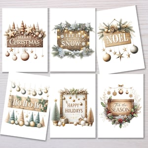 Rustic Christmas Card Set of 6, Holiday Greeting Cards, 5x7 Folded Cards, Merry Christmas, Let It Snow, Noel, Happy Holidays, Tis the Season