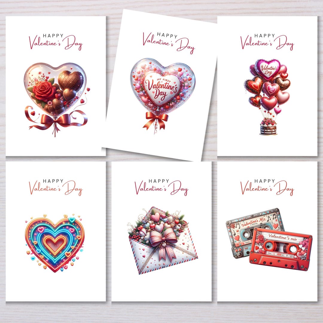 Valentine’s Day Cards With Heart Balloons, Unique Greeting Cards Set ...