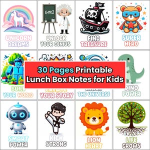 Afdrukbare lunchnotities voor kinderen, lunchtrommelkaarten met leuke karakters, motiverende berichten, positieve aanmoediging, ontwerpen dinosaurusrobot-leeuw