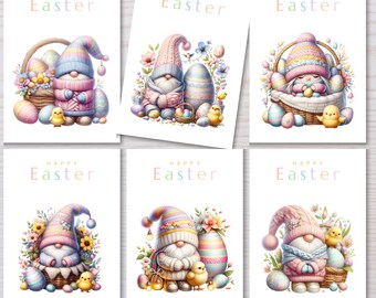 Adorable Easter Gnome Card Set of 6, Whimsical Gnome Easter Greeting Cards, Easter Cards with Gnomes, Cute Easter Gnome Greeting Card
