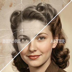 May include: Split image showing a vintage portrait restoration. The left side, labeled "BEFORE," displays a faded, damaged black and white photo. The right side, labeled "AFTER," shows a colorized, restored version of the same woman with enhanced features.