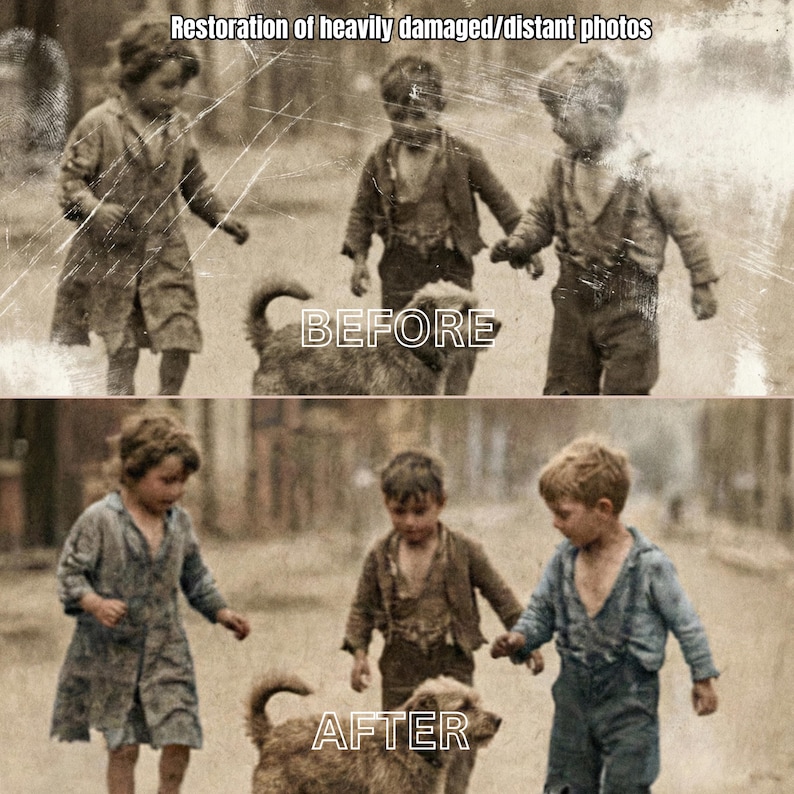 May include: Image comparison showing the restoration of a damaged vintage photograph. The top half shows the original image with scratches and fading, while the bottom half displays the restored, colorized version of the same image. The text reads "Restoration of heavily damaged/distant photos".