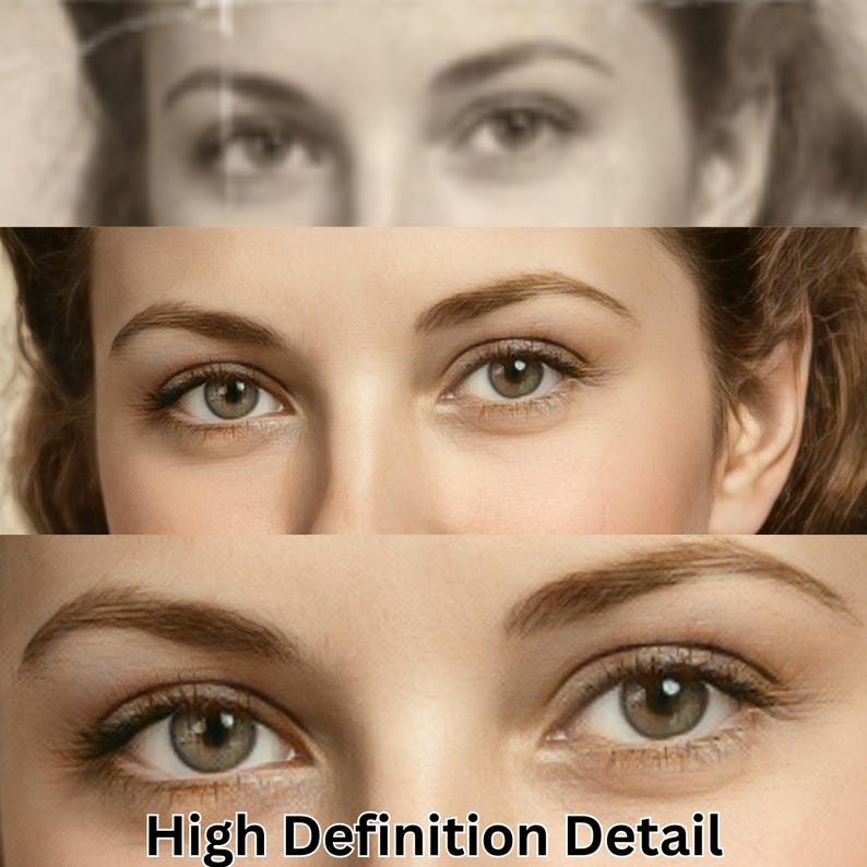 May include: A composite image of three sets of eyes, showcasing a progression from a vintage, sepia-toned image to a modern, high-definition close-up. The bottom image displays the text "High Definition Detail".