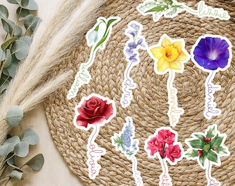 Personalized Birth Month Flower Name Sticker, Waterproof Vinyl