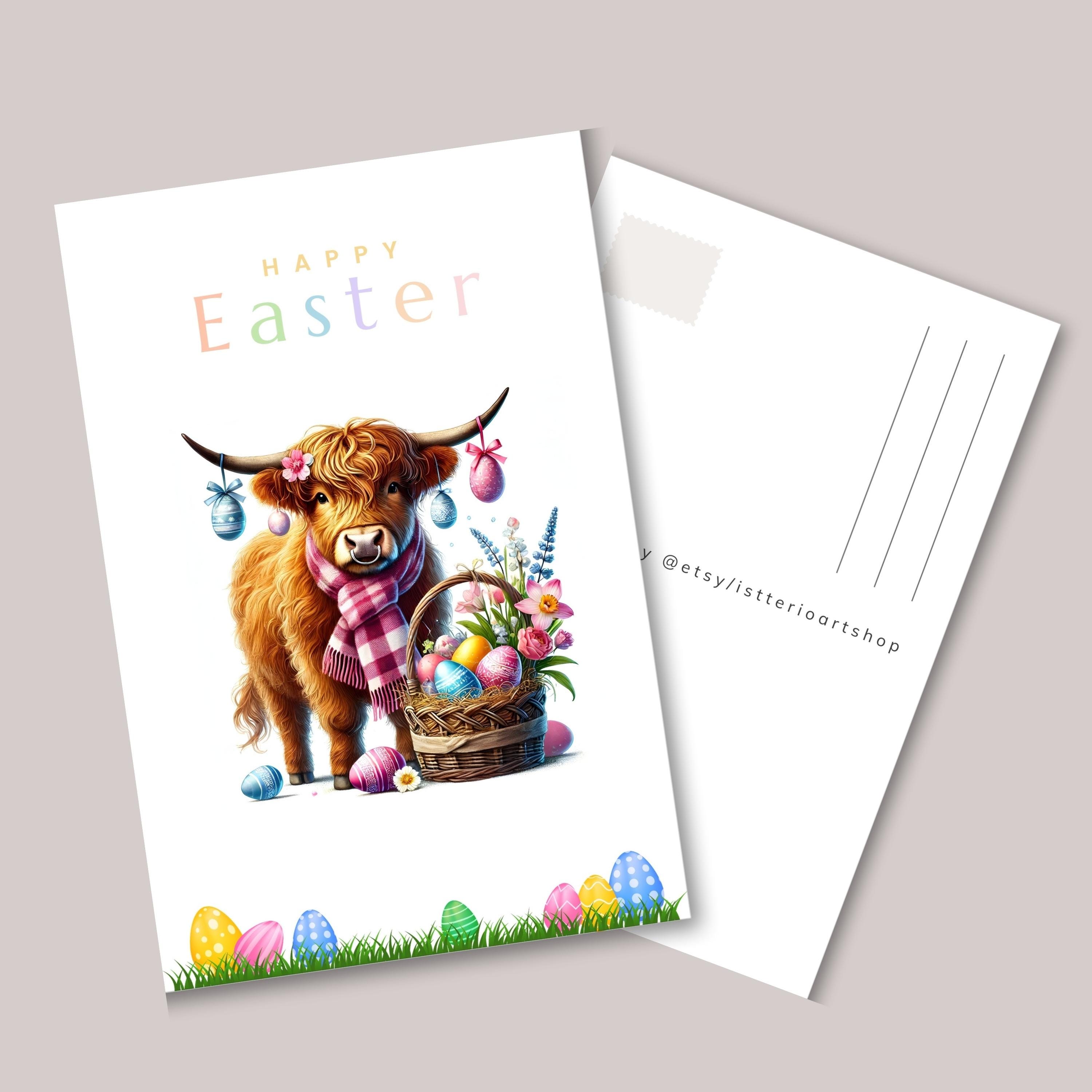 Highland Cow Easter Postcards, Spring Greeting Card Set, Pastel Farm ...