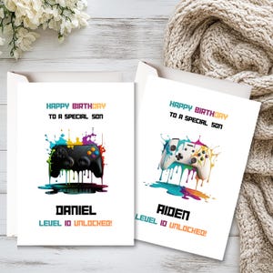 Level Up Birthday Card – Personalized Gamer Birthday Card for Son or Grandson, Custom Game Controller Birthday Card for Boys, Kids, Teens