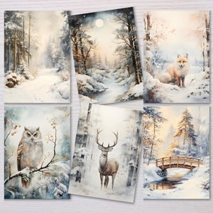 Set of 6 Woodland Winter Christmas Cards, Rustic Wildlife and Snowy Scene, Printable Christmas Card,  Nature-Inspired Holiday Greeting Card