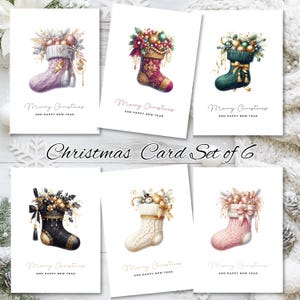 May include: A set of six Christmas cards featuring watercolor illustrations of decorative stockings filled with ornaments and greenery. Each card has the text "Merry Christmas and Happy New Year" in elegant script.