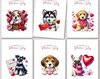 Puppy Valentine Cards, Dog Lover Greeting Cards, Set of 6