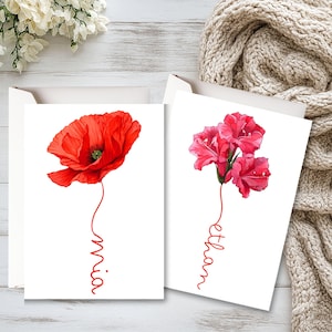Personalized August Birth Month Flower Card, Custom Floral Birthday Card, Custom Name Poppy Art, Gladiolus Card, August Flower Meaning Gift