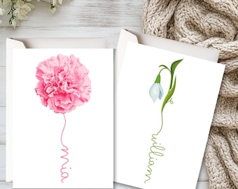 Personalized January Birth Flower Card, Carnation & Snowdrop