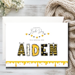 Personalized Bee Birthday Card – Custom Name, Honeycomb Theme